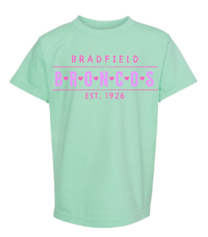 Comfort Colors Mint Green Bradfield Broncos Heart T-Shirt